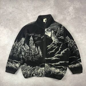 [104] Vintage 1990s Wolf Wolves Forest All Over Print Fleece Zip Coat XL Size